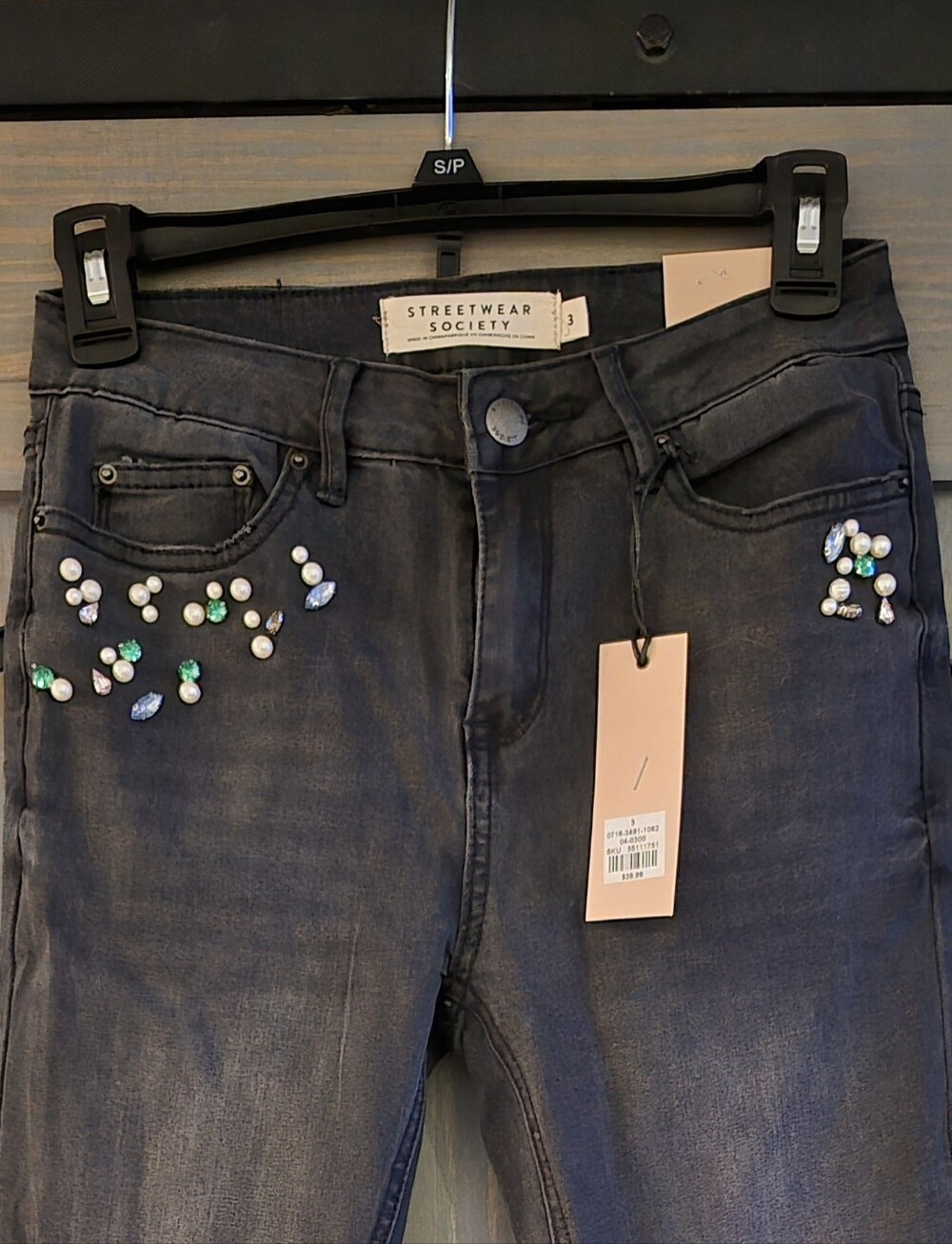 Streetwear Society Women's Black/Dark Grey Jeweled Skinny Jeans